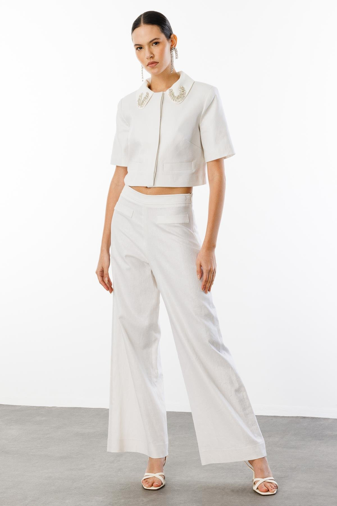 Yaka İşleme Detaylı Ceket Pantolon Keten Takım KREM