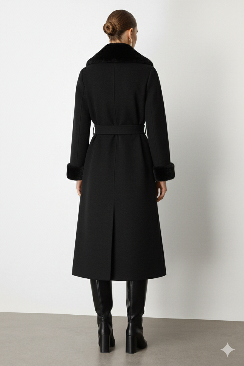 Yaka Kol Ucu Kürk Detaylı Kaşe Kaban SİYAH