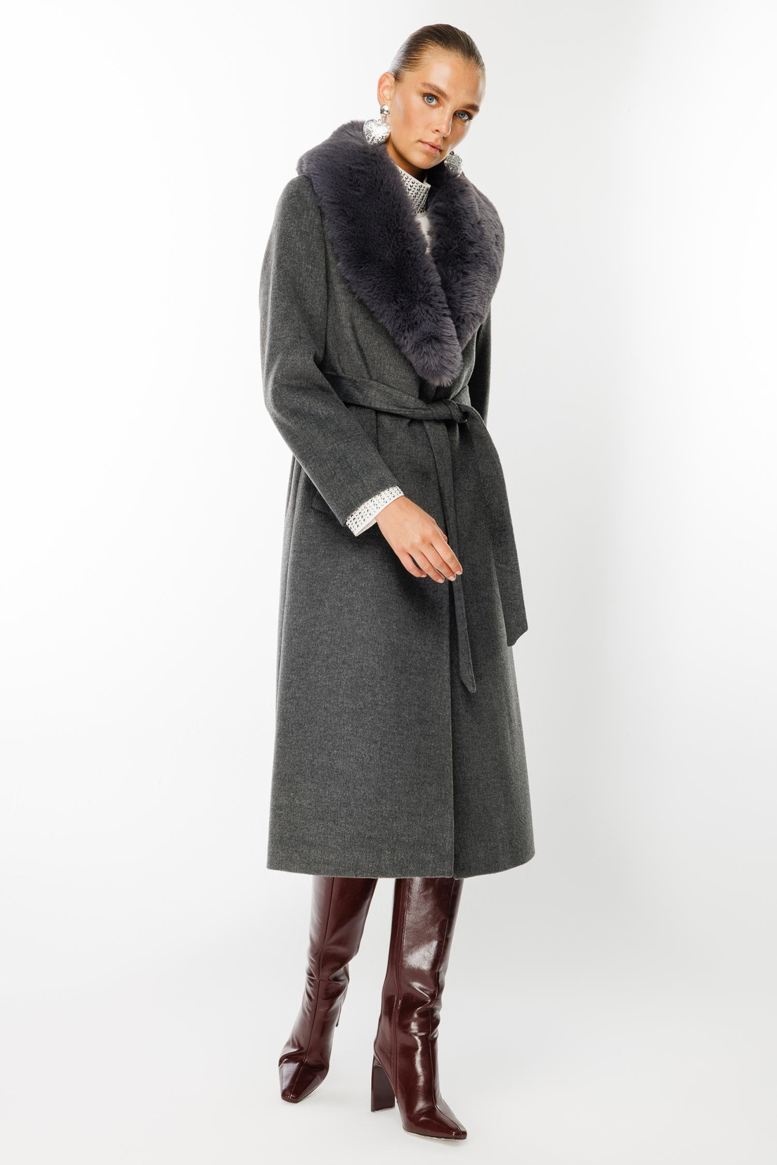 Yaka Kürk Detaylı Bel Kuşaklı Kaşe Kaban KOYU GRİ