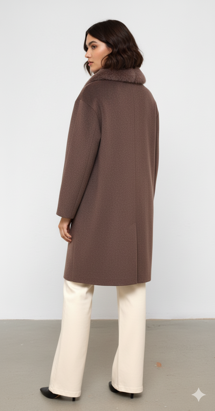 Yaka Kürk Detaylı Midi Boy Kaşe Kaban LATTE