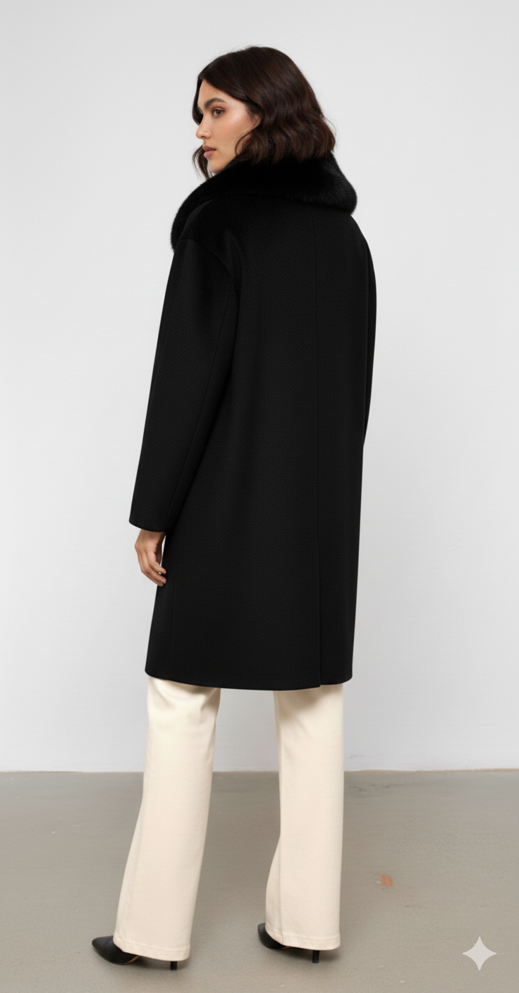 Yaka Kürk Detaylı Midi Boy Kaşe Kaban SİYAH