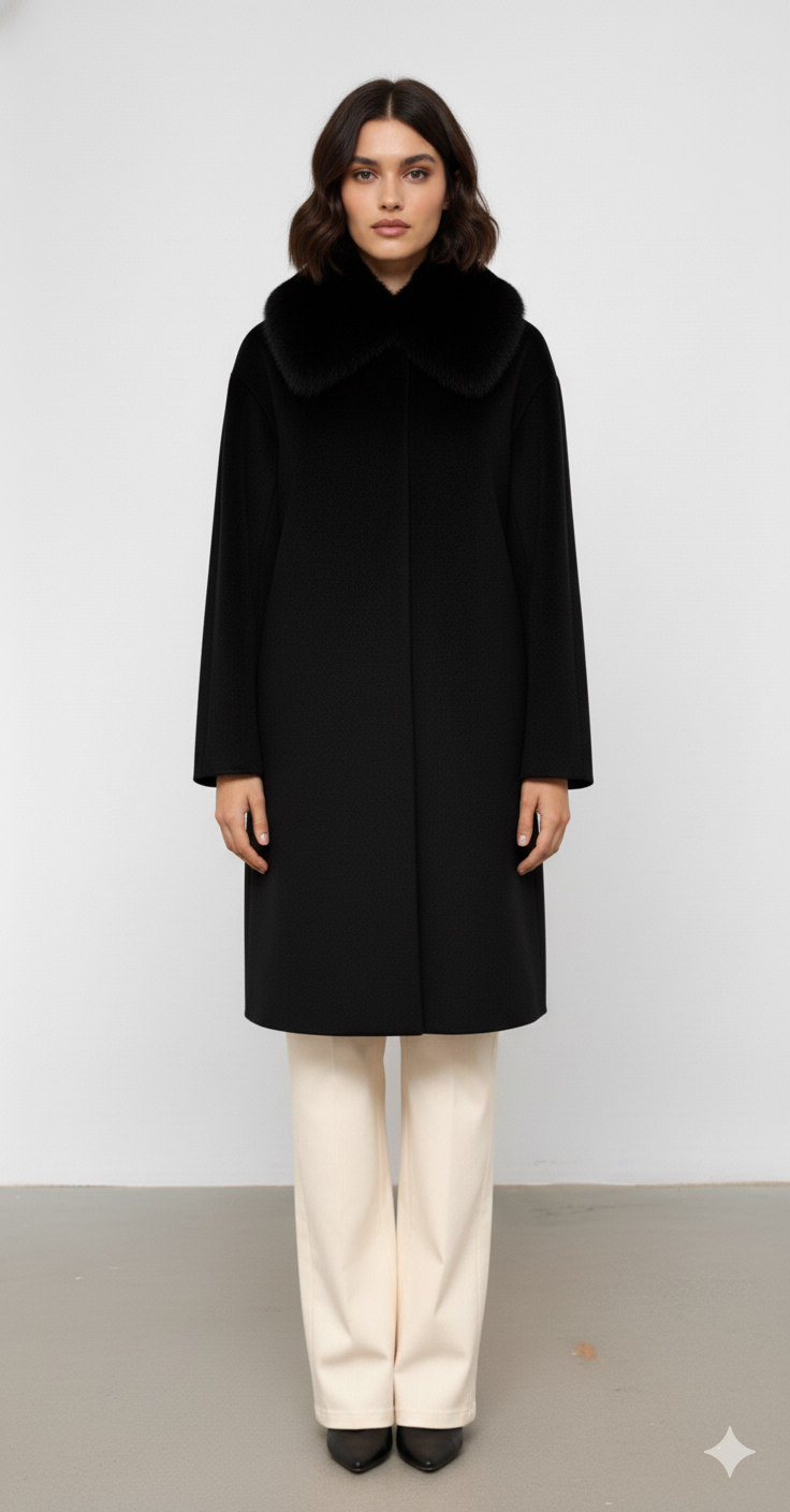 Yaka Kürk Detaylı Midi Boy Kaşe Kaban SİYAH