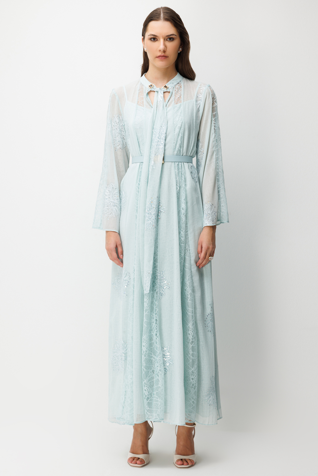 Yaka Şal Bağlama Detay Dantel Şeritli Maxi Boy Elbise MAVİ