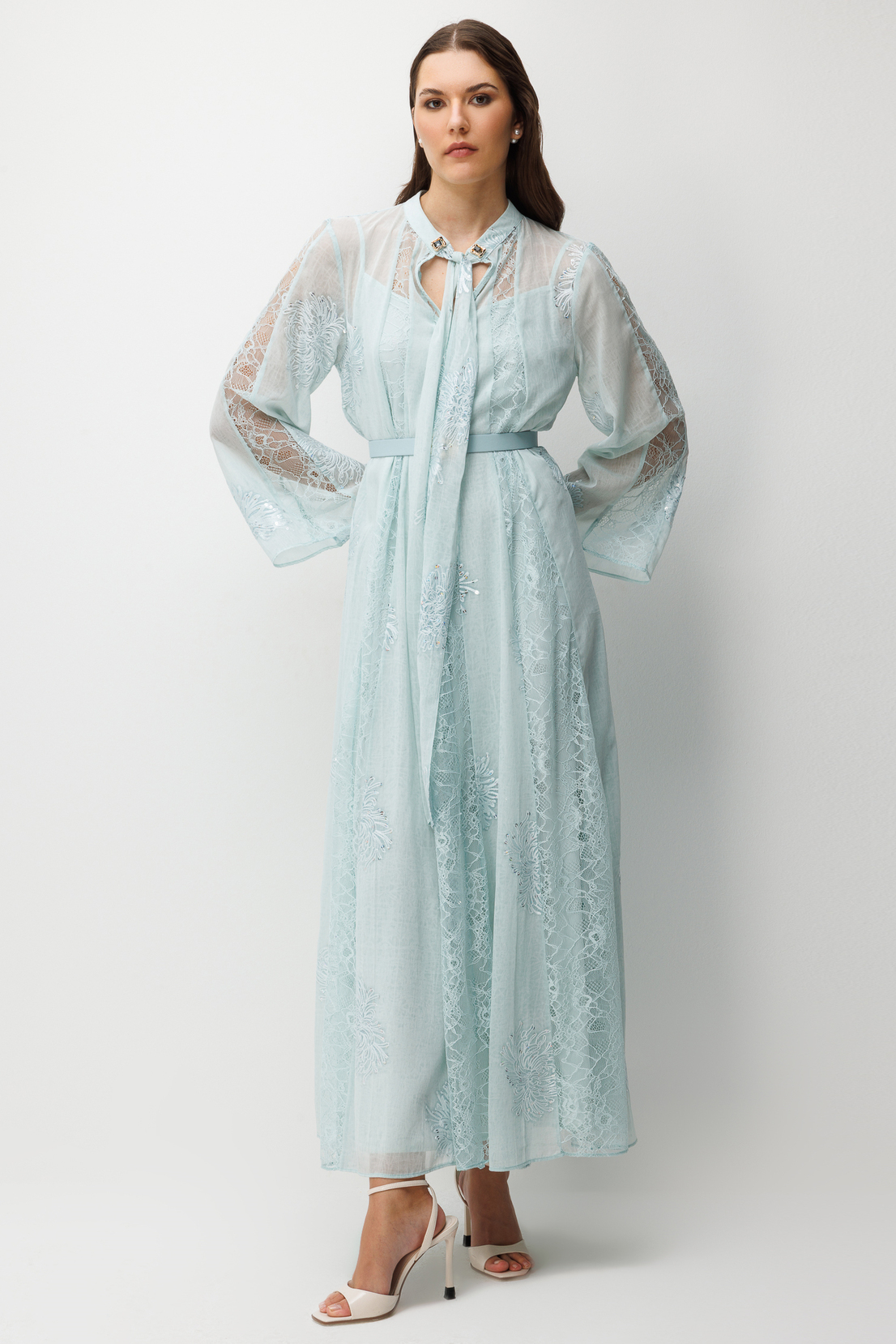 Yaka Şal Bağlama Detay Dantel Şeritli Maxi Boy Elbise MAVİ