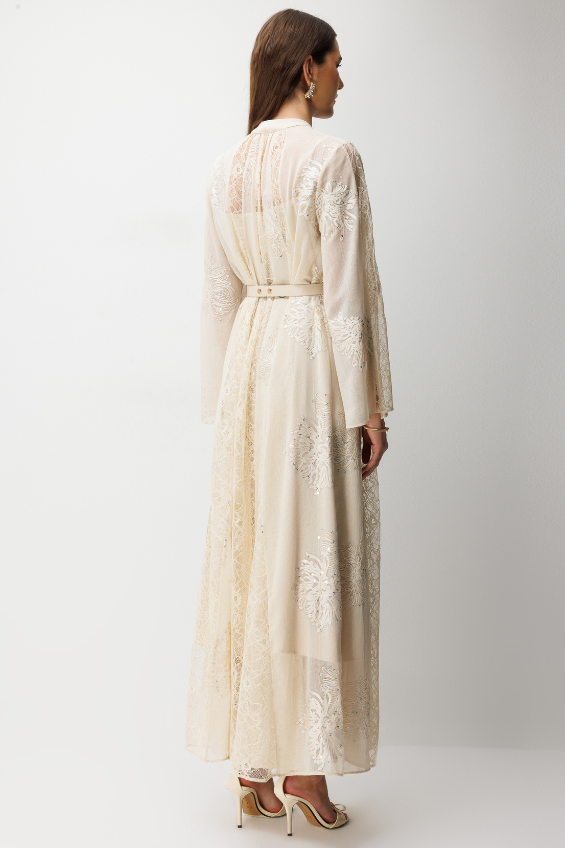 Yaka Şal Bağlama Detay Dantel Şeritli Maxi Boy Elbise EKRU