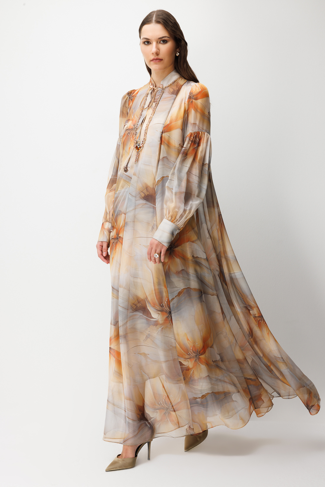 Yaka Taş İşlemeli Dijital Elbise CAMEL