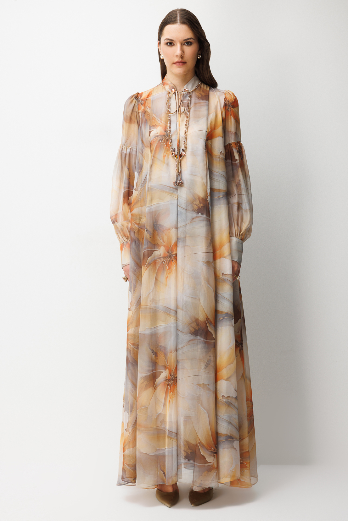 Yaka Taş İşlemeli Dijital Elbise CAMEL