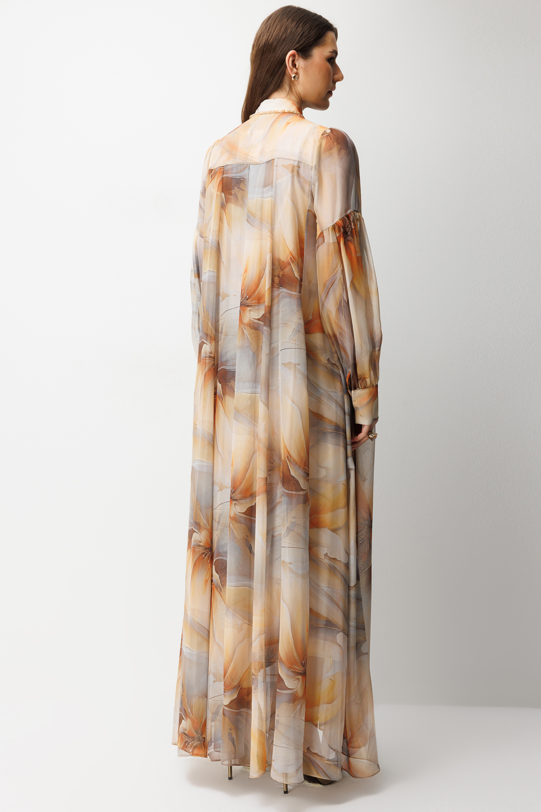 Yaka Taş İşlemeli Dijital Elbise CAMEL