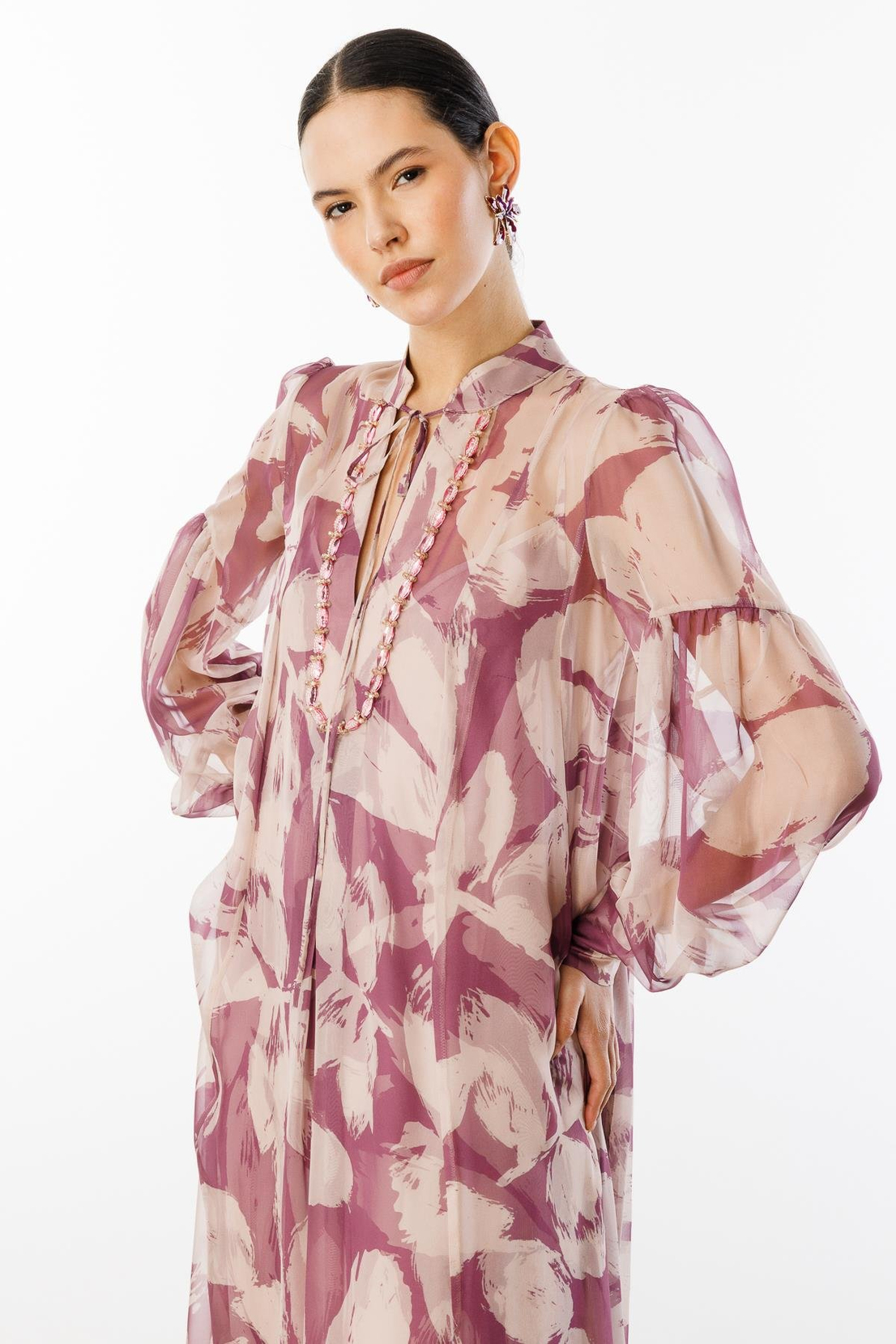 Yaka Taş İşlemeli Dijital Elbise PUDRA