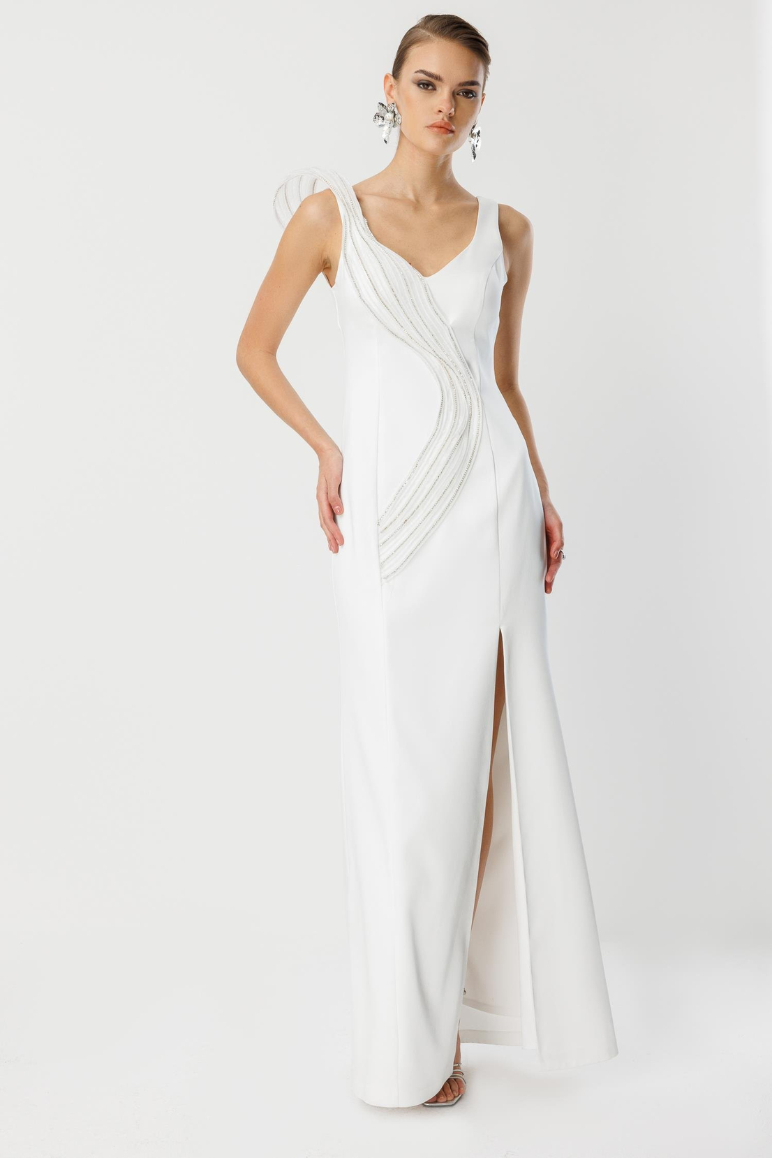 Yaka Volan Detay Yırtmaçlı Maxi Abiye EKRU