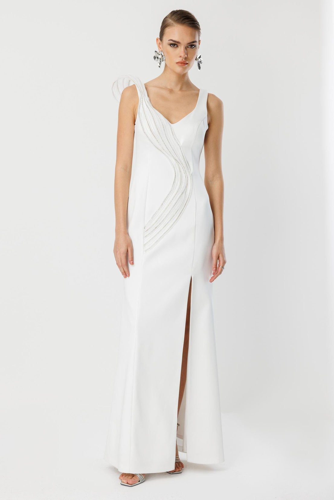 Yaka Volan Detay Yırtmaçlı Maxi Abiye EKRU