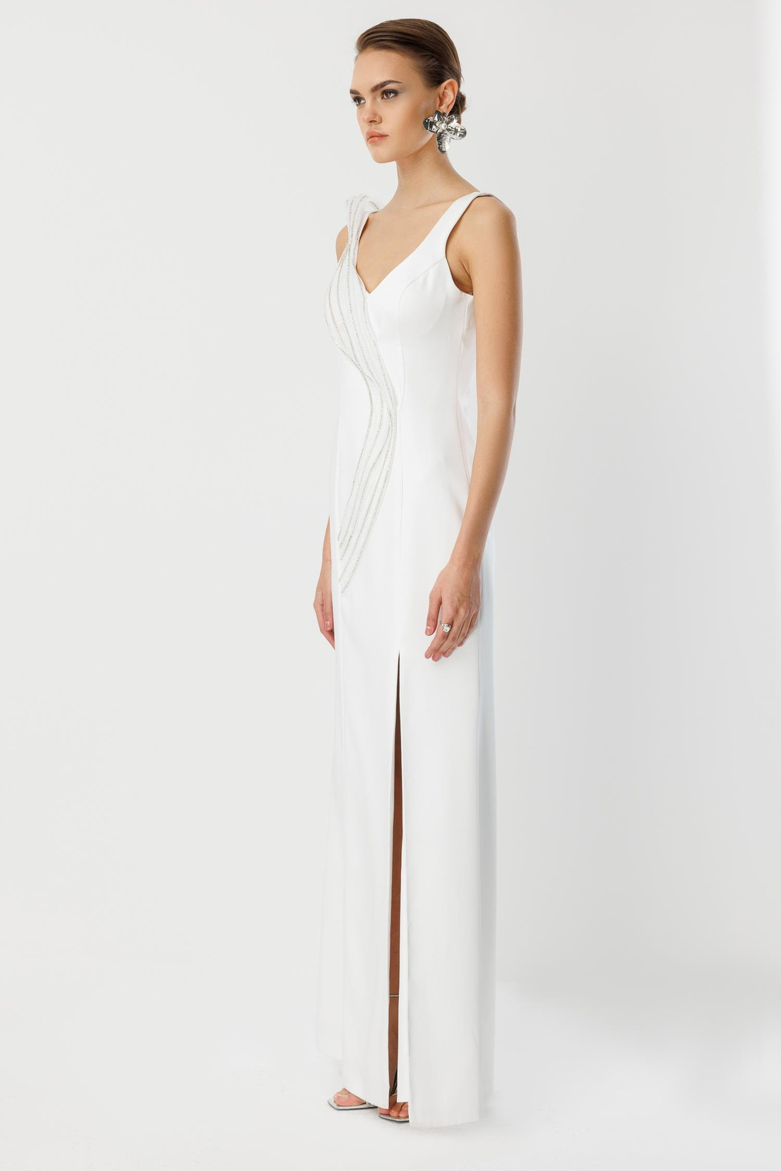 Yaka Volan Detay Yırtmaçlı Maxi Abiye EKRU