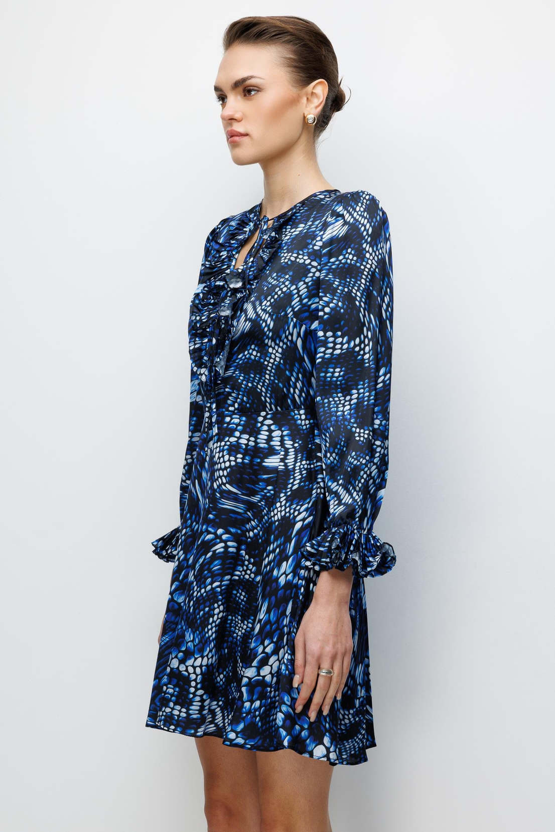 Yaka Volan  Detaylı Baskılı Şifon Mini Elbise MAVİ