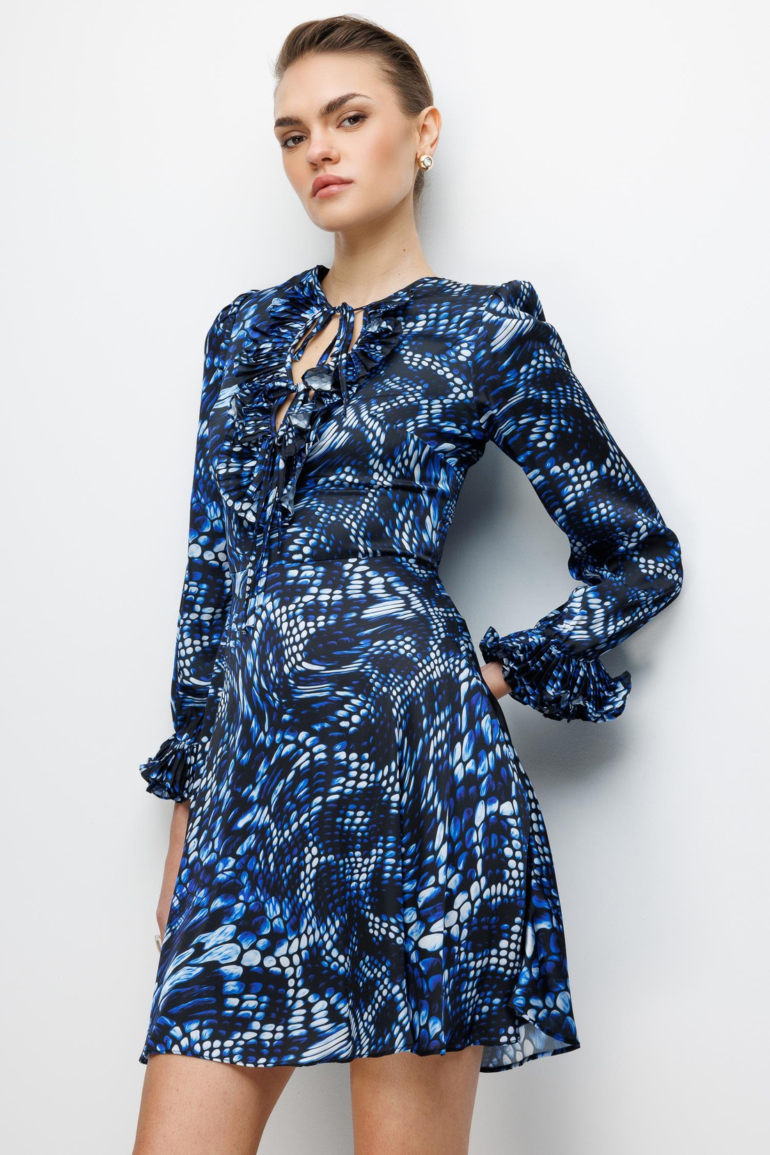 Yaka Volan  Detaylı Baskılı Şifon Mini Elbise MAVİ