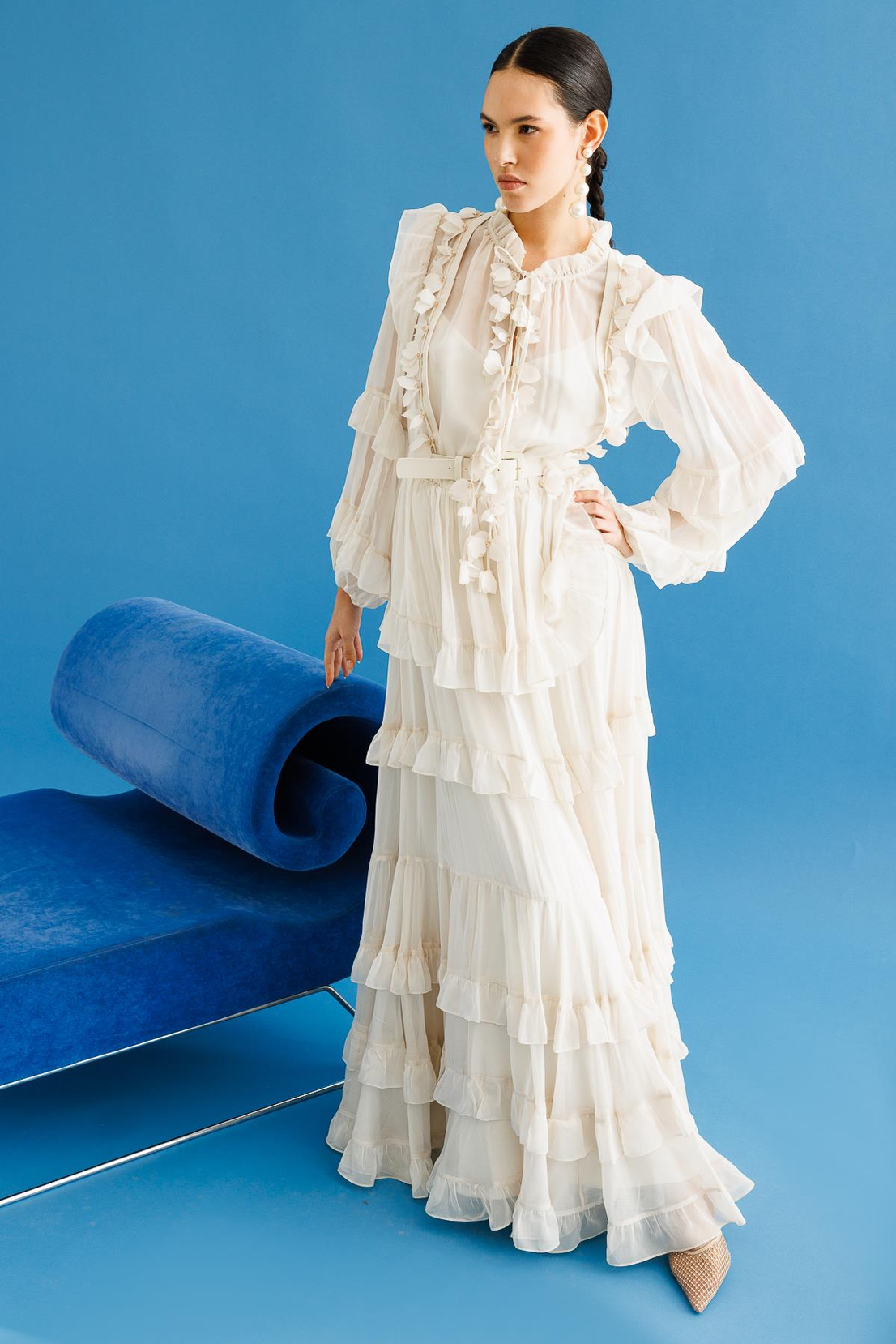 Yaka Volan Detaylı Maxi Boy Şifon Elbise EKRU