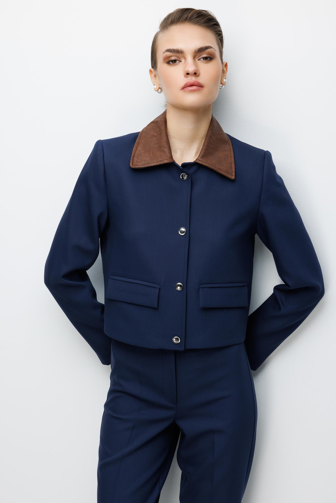 Yakası Deri Detaylı Ceket LACİVERT