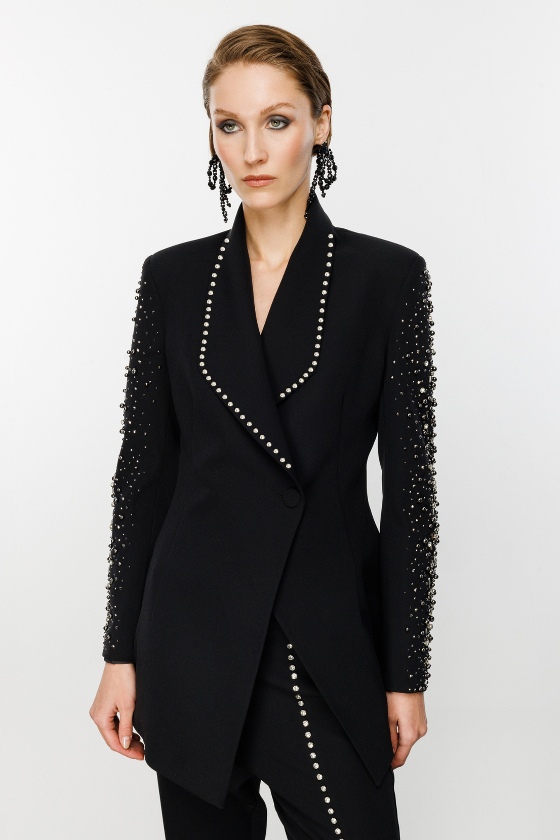 Yakası Kolları Taş İşlemeli Takım SİYAH