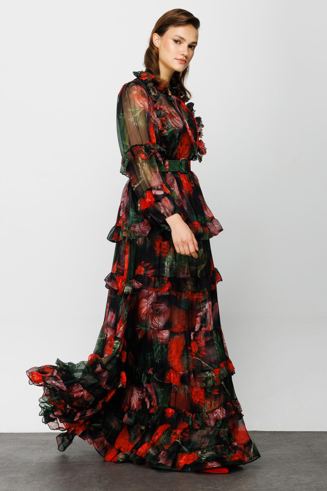 Yakası Lazer Çiçekli Elbise SİYAH-ÇİÇEKLİ