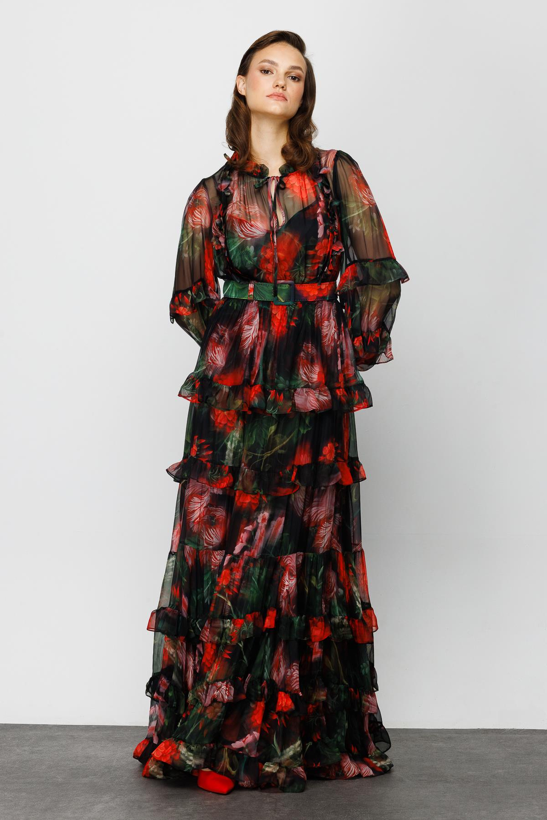 Yakası Lazer Çiçekli Elbise SİYAH-ÇİÇEKLİ