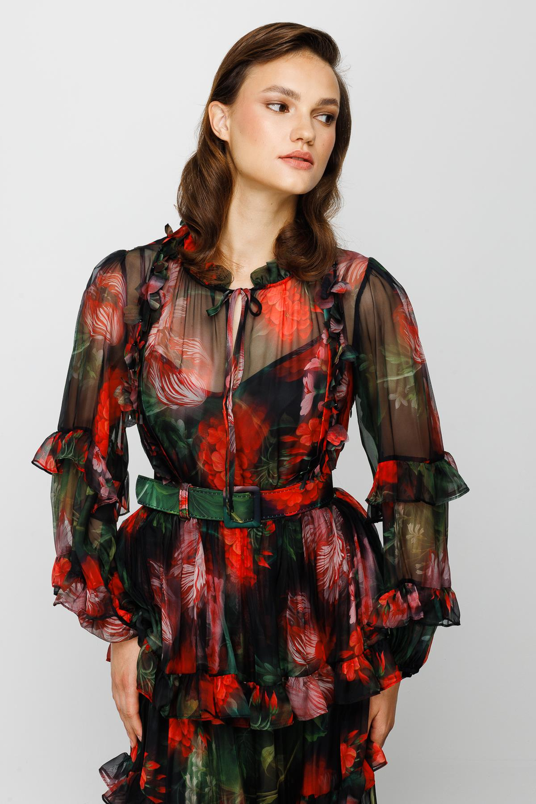 Yakası Lazer Çiçekli Elbise SİYAH-ÇİÇEKLİ