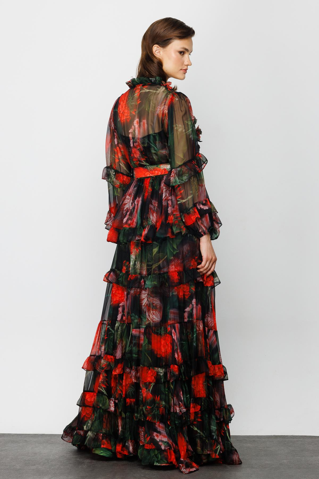 Yakası Lazer Çiçekli Elbise SİYAH-ÇİÇEKLİ