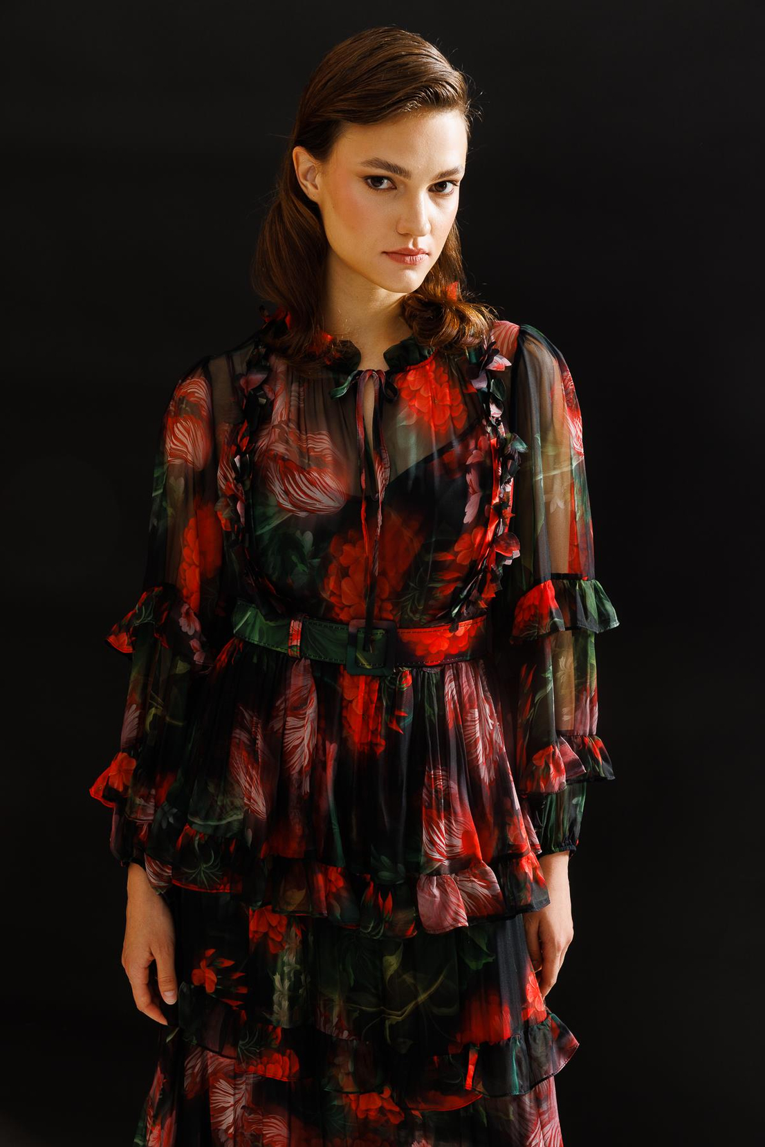 Yakası Lazer Çiçekli Elbise SİYAH-ÇİÇEKLİ