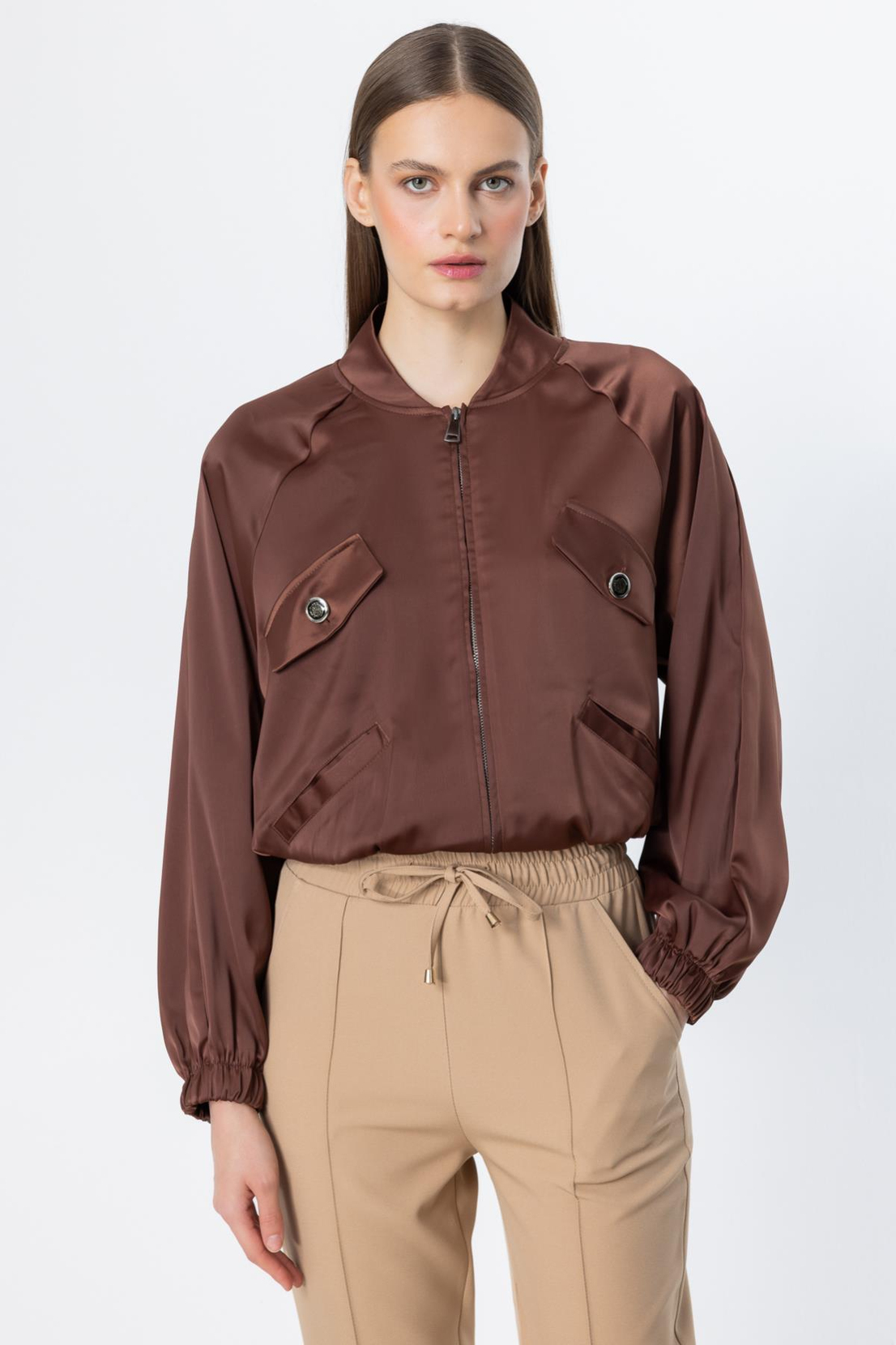 Yakası Ribanalı Fermuarlı Crop Ceket KAHVE