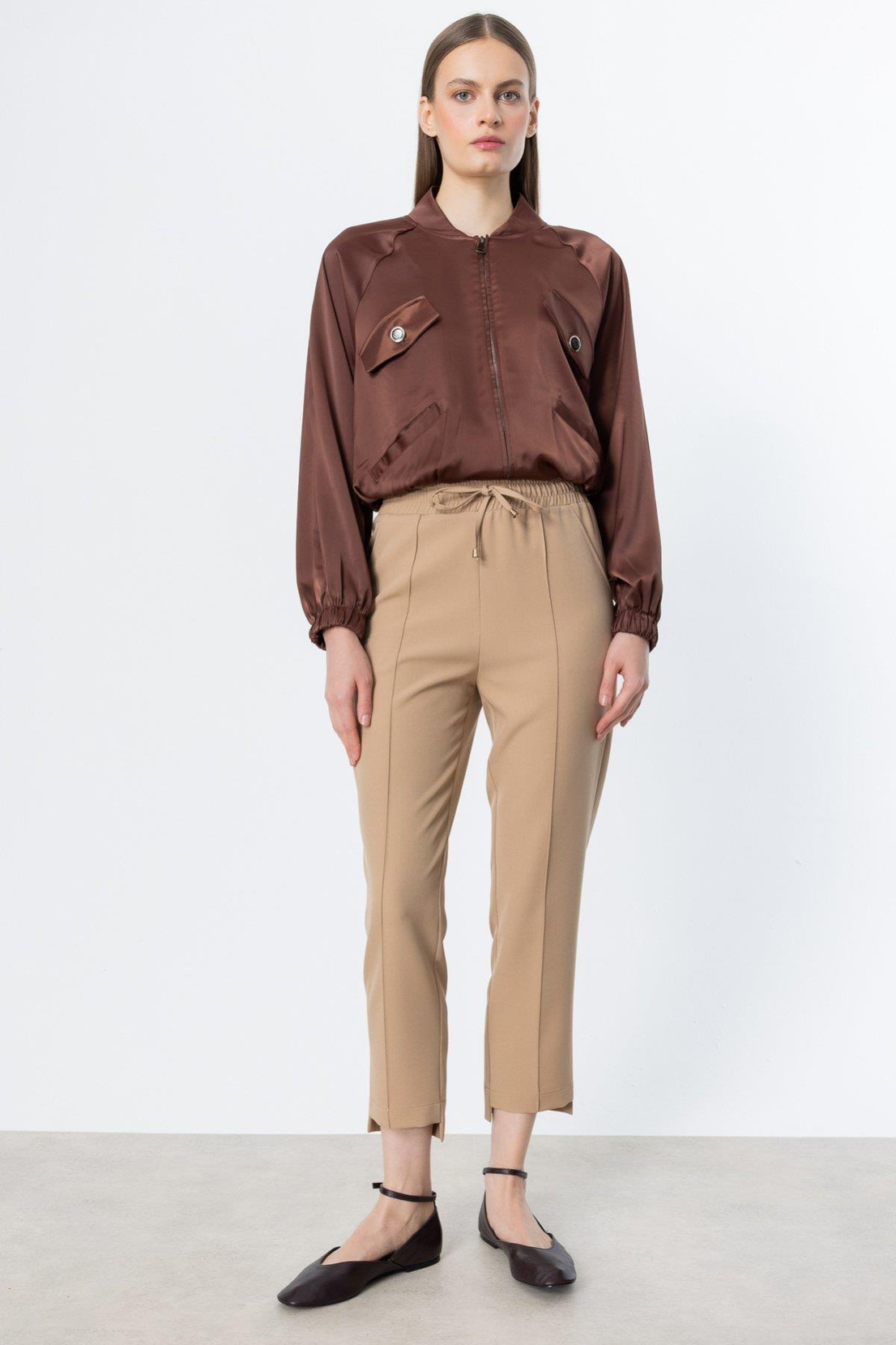 Yakası Ribanalı Fermuarlı Crop Ceket KAHVE