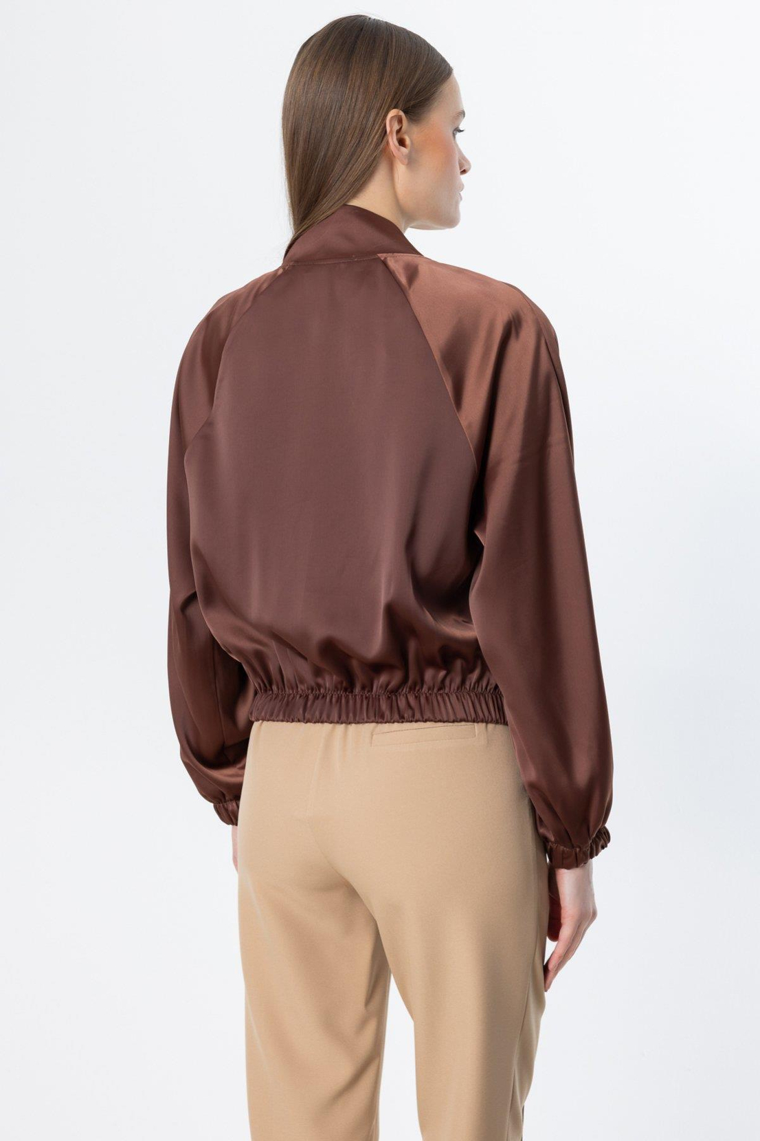 Yakası Ribanalı Fermuarlı Crop Ceket KAHVE