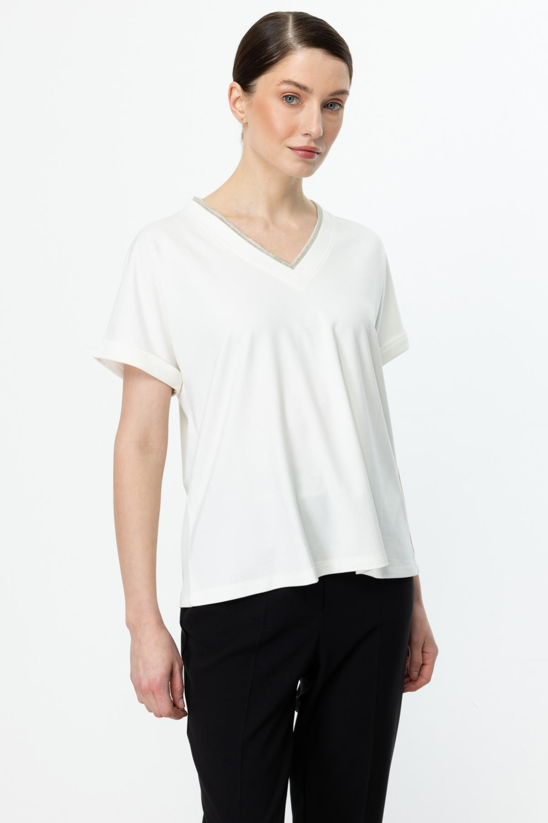 Yakası Ribanalı Kısa Kol Bluz EKRU