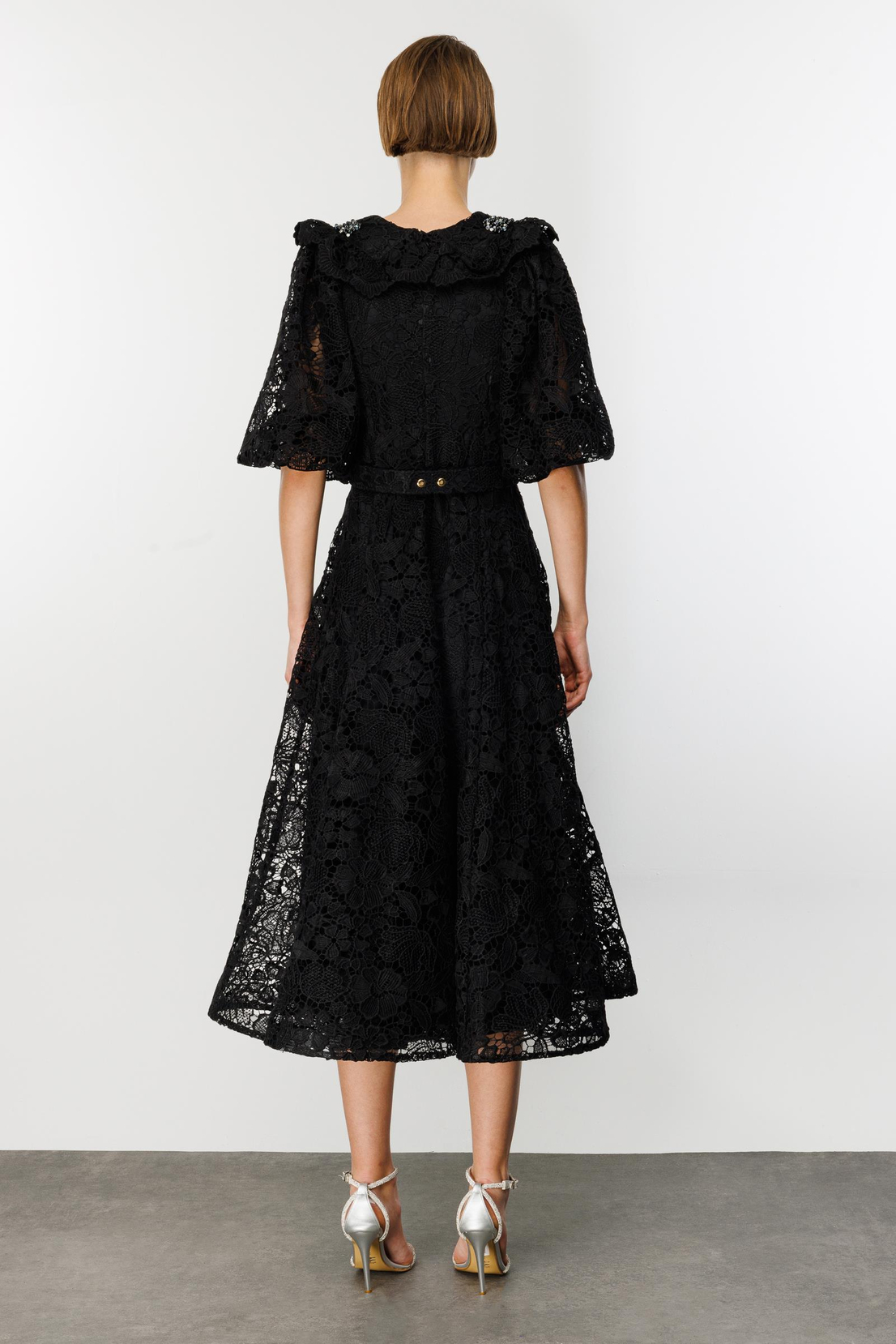 Yakası Taş İşlemeli Balon Kol  Siyah Astarlı Siyah Elbise 