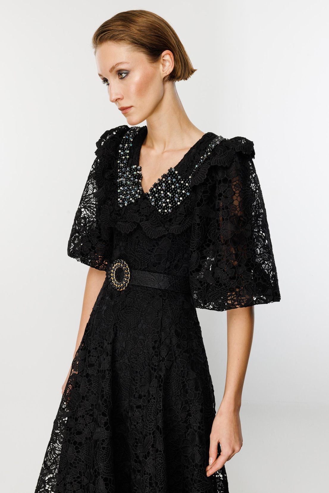 Yakası Taş İşlemeli Balon Kol  Siyah Astarlı Siyah Elbise 