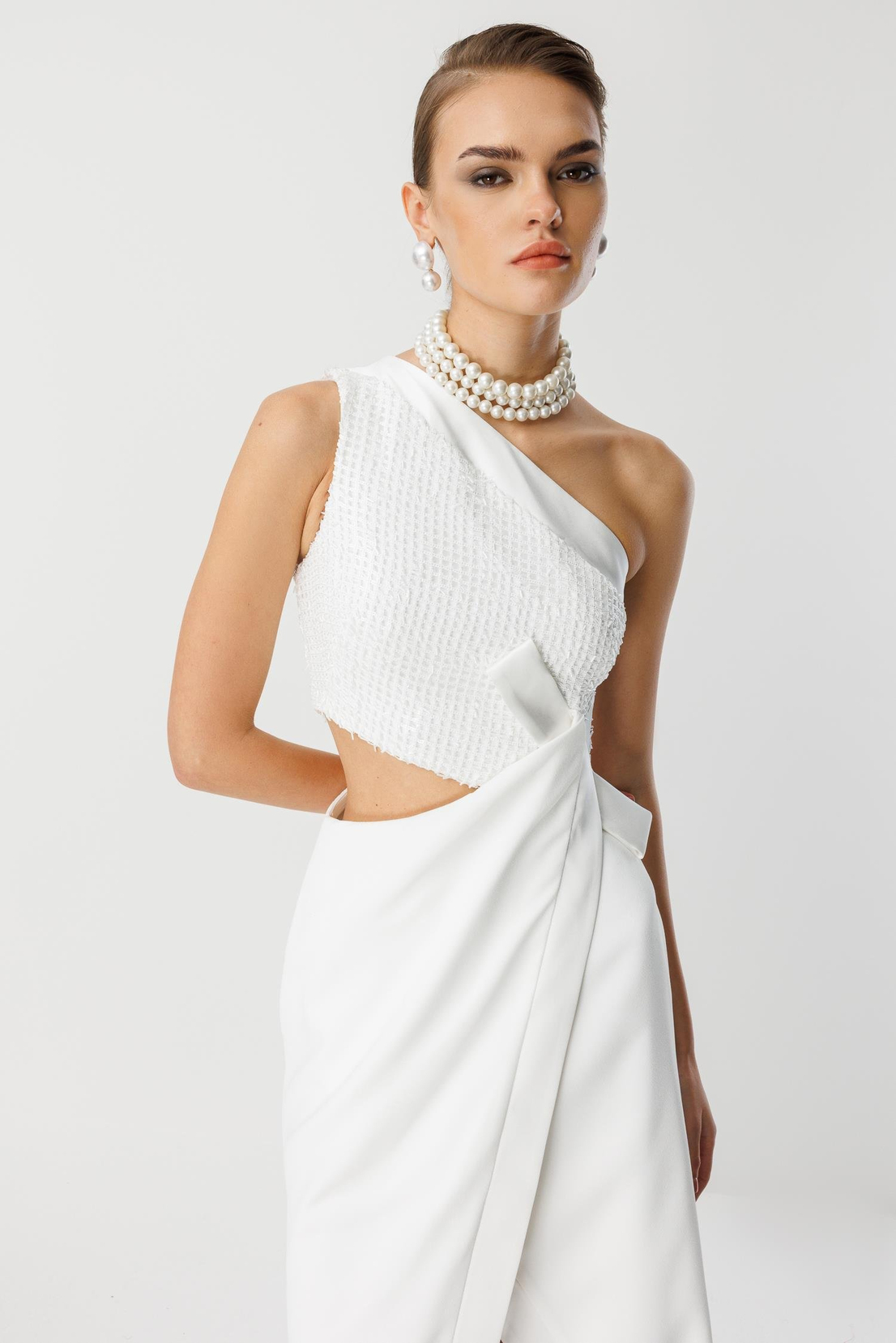 Yandan Fiyonk Uzun Elbise EKRU