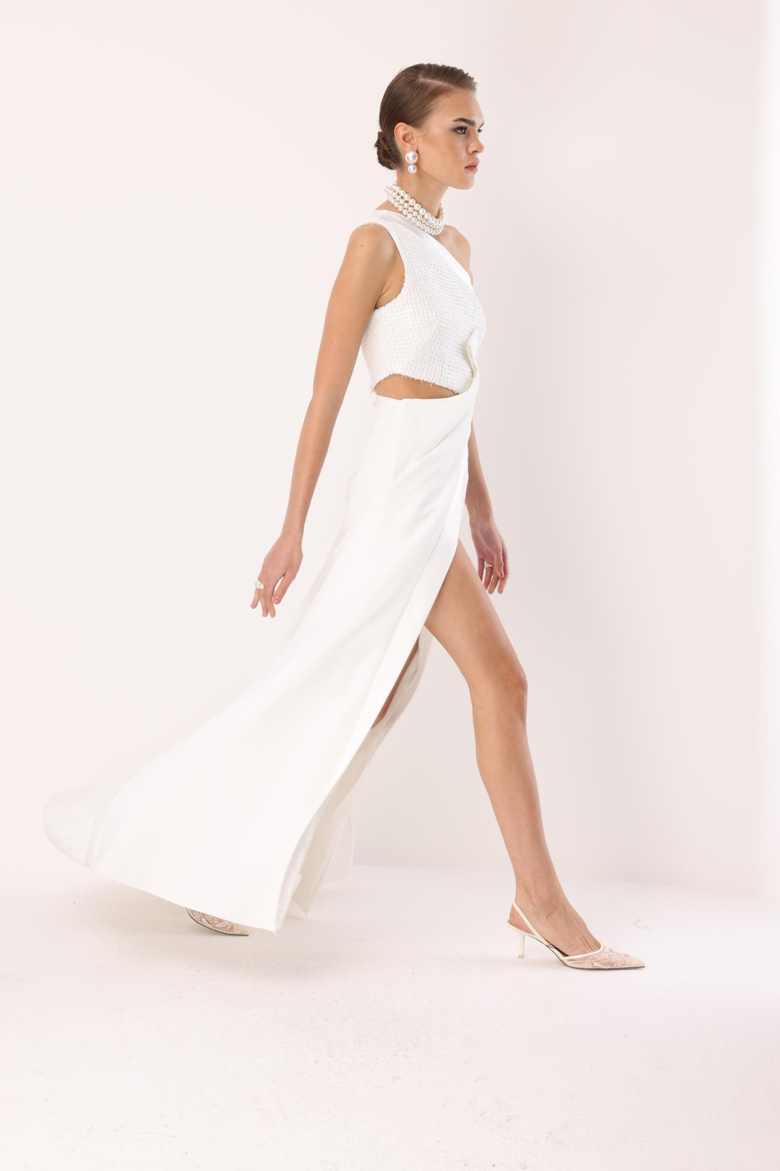 Yandan Fiyonk Uzun Elbise EKRU