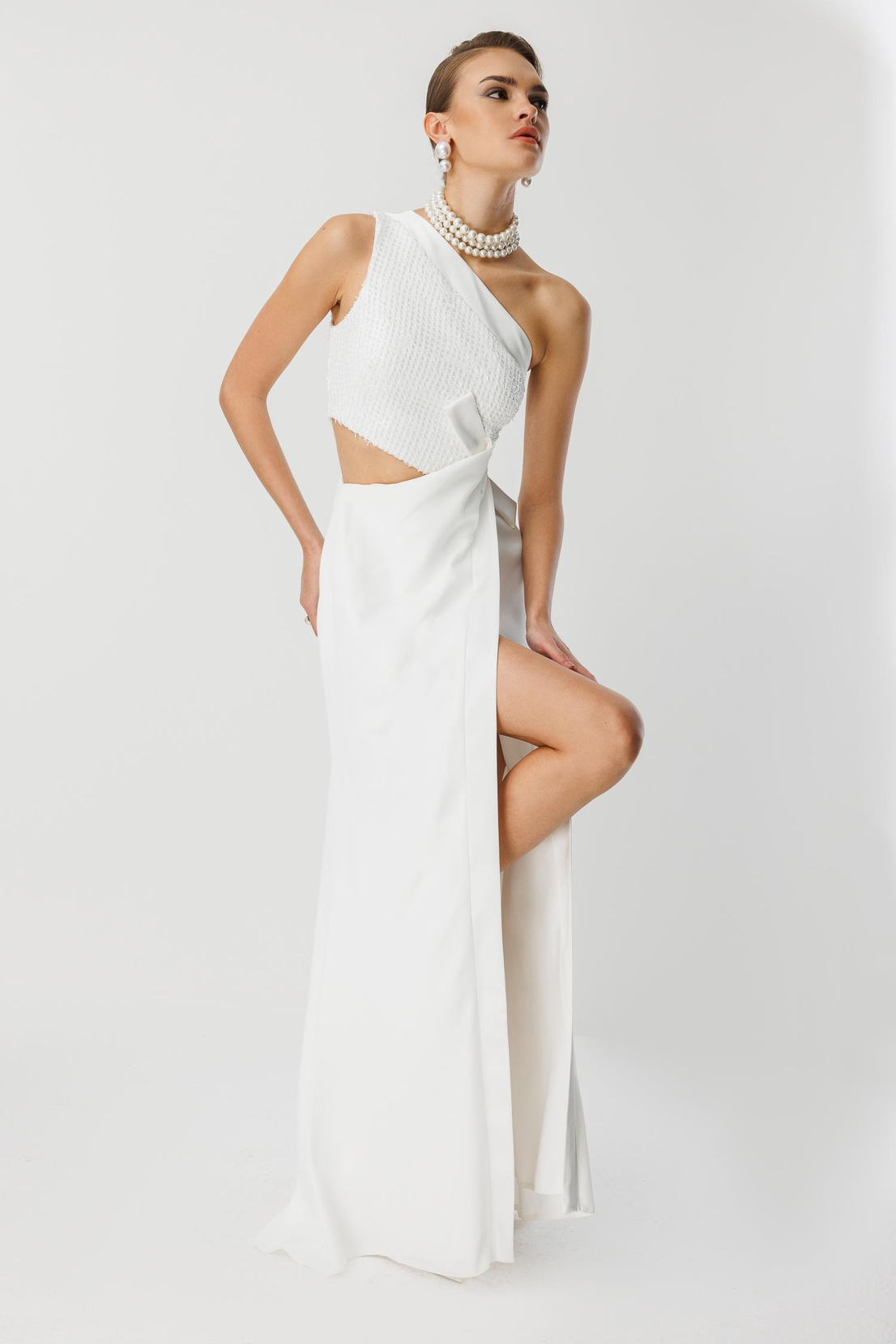 Yandan Fiyonk Uzun Elbise EKRU