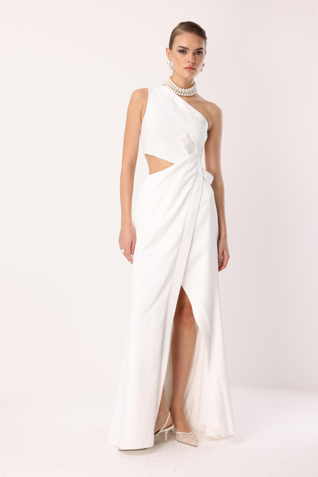 Yandan Fiyonk Uzun Elbise EKRU