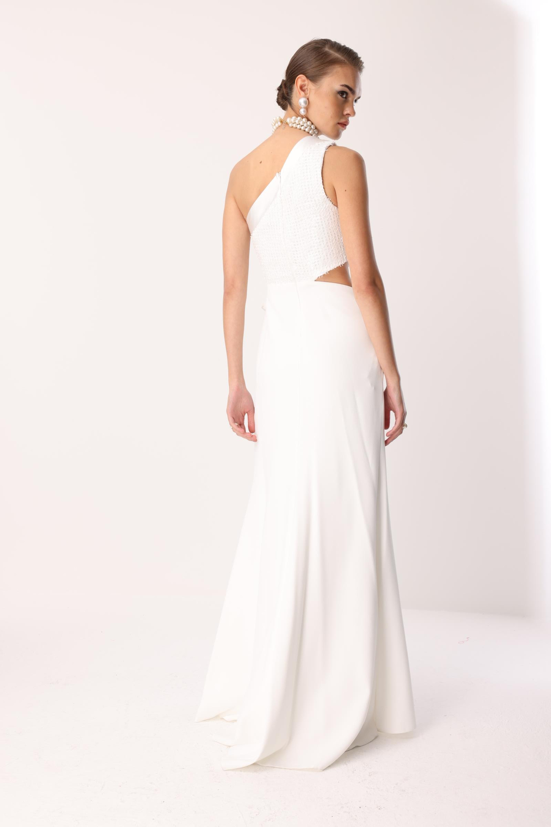 Yandan Fiyonk Uzun Elbise EKRU