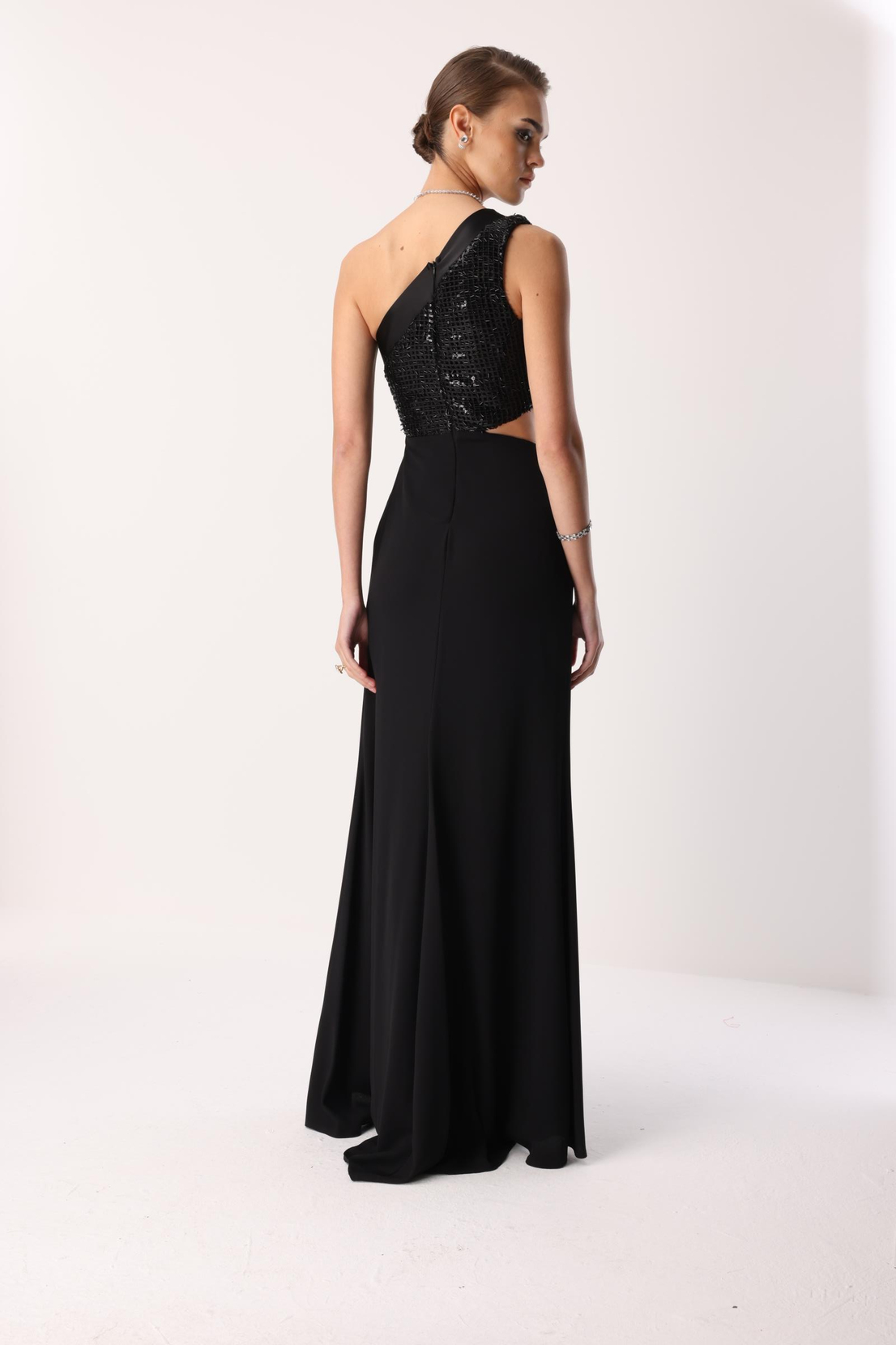 Yandan Fiyonk Uzun Elbise SİYAH