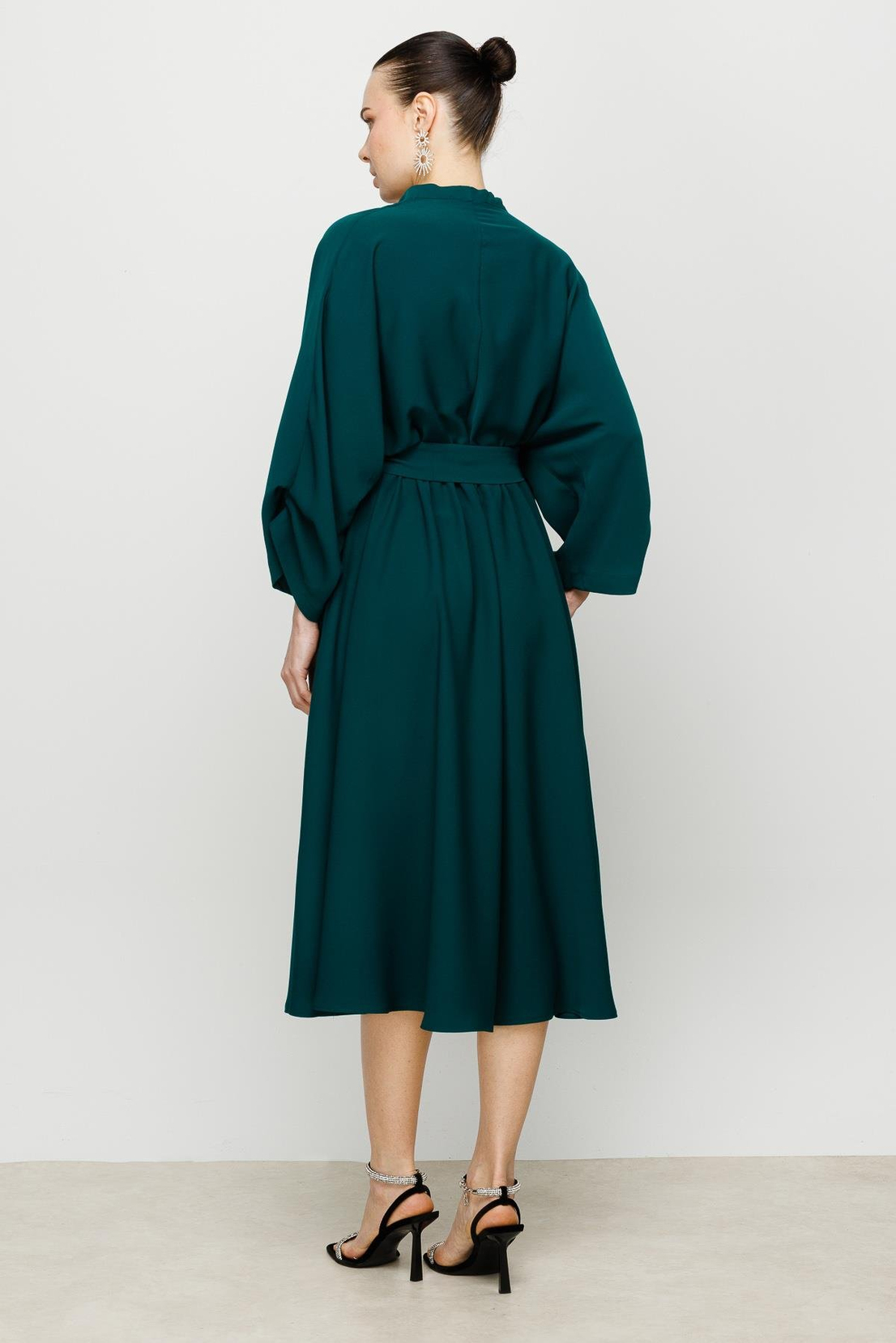 Yarasa Kol Belden Lastikli Yeşil Krep Elbise