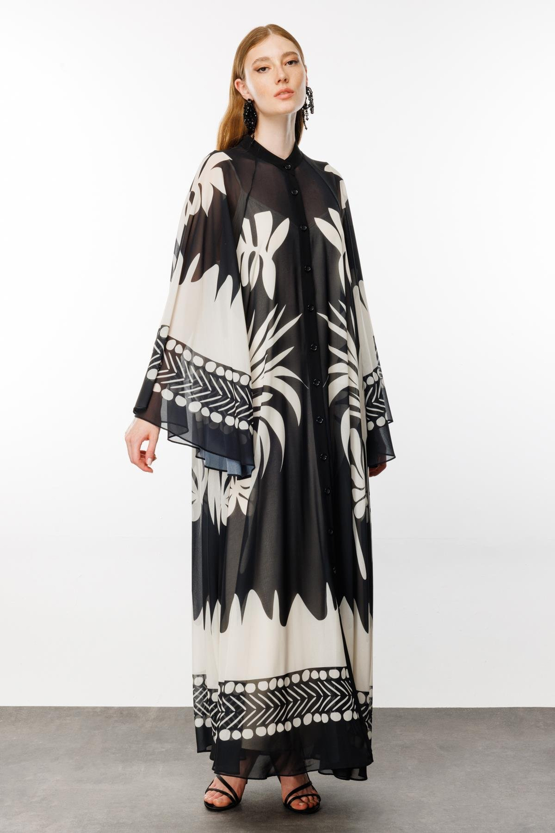 Yarasa Kol Floral Desen Abaya SİYAH