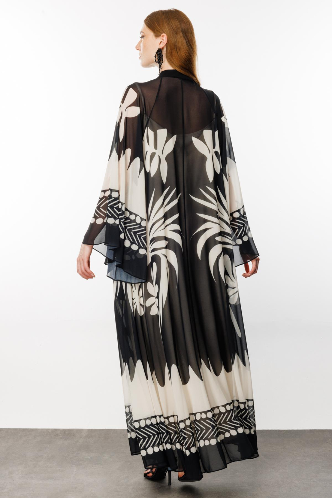 Yarasa Kol Floral Desen Abaya SİYAH