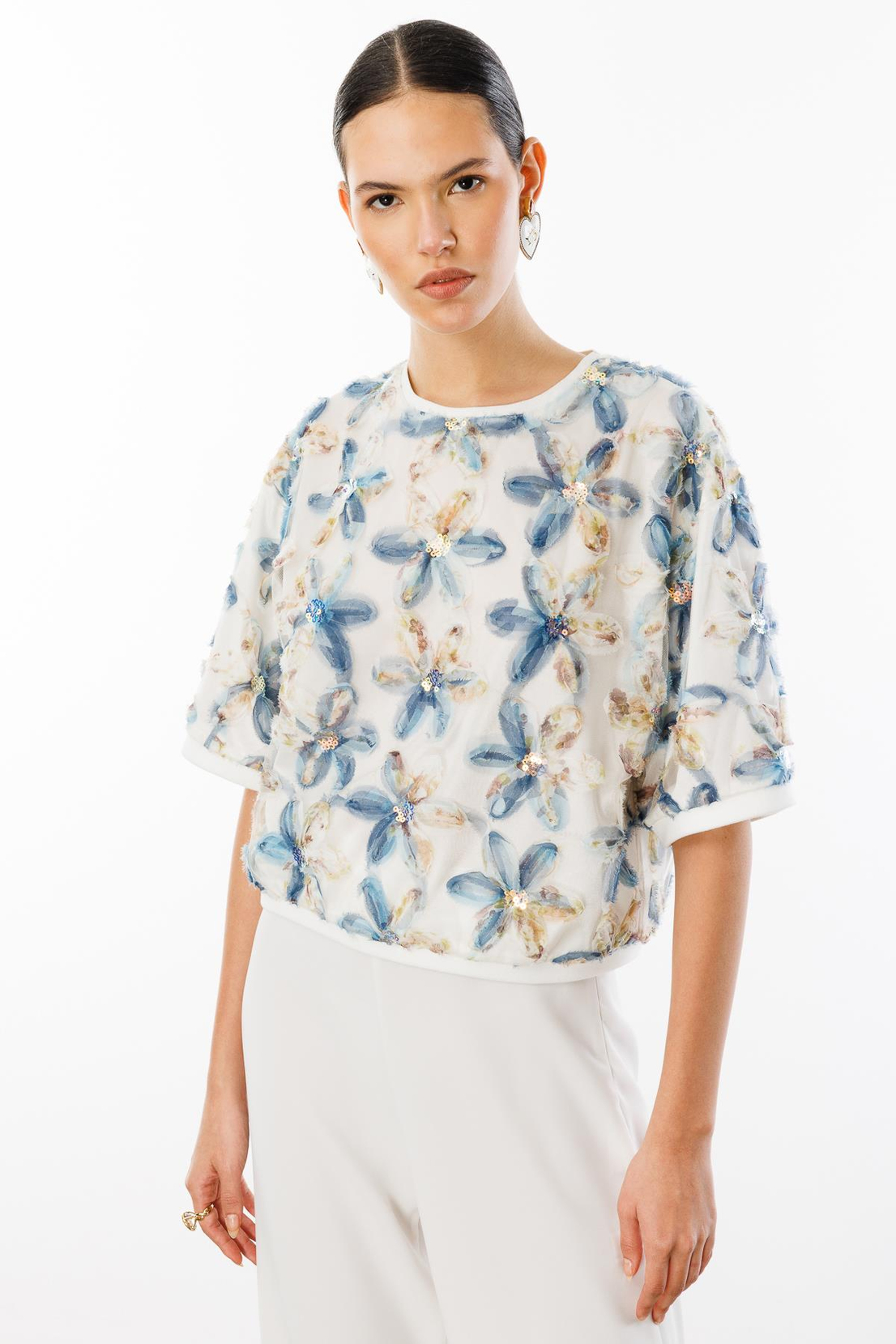 Yuvarlak  Yaka Oversize Pullu  Çiçekli Bluz DESENLİ