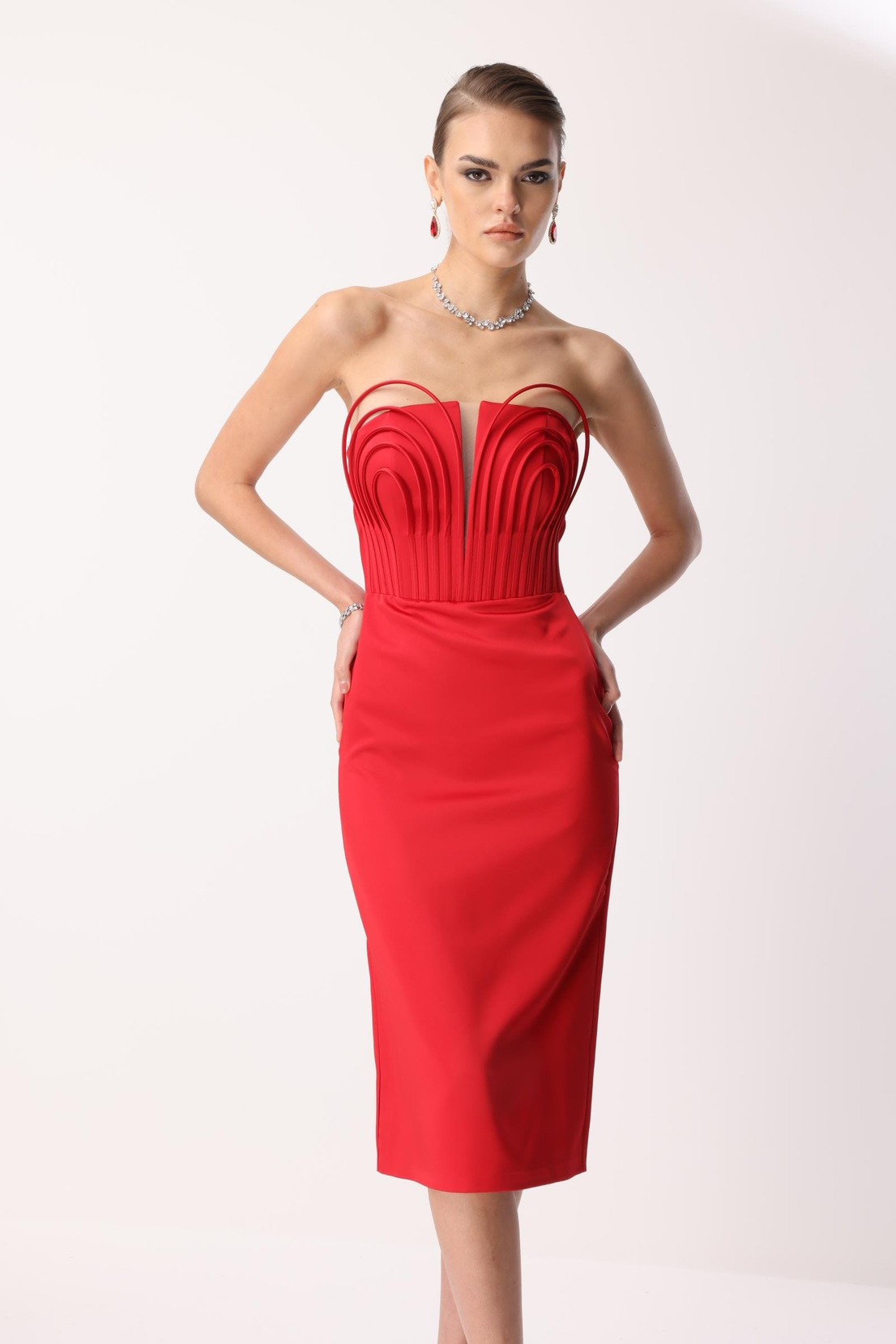 Balenli Midi Boy Straplez Elbise KIRMIZI