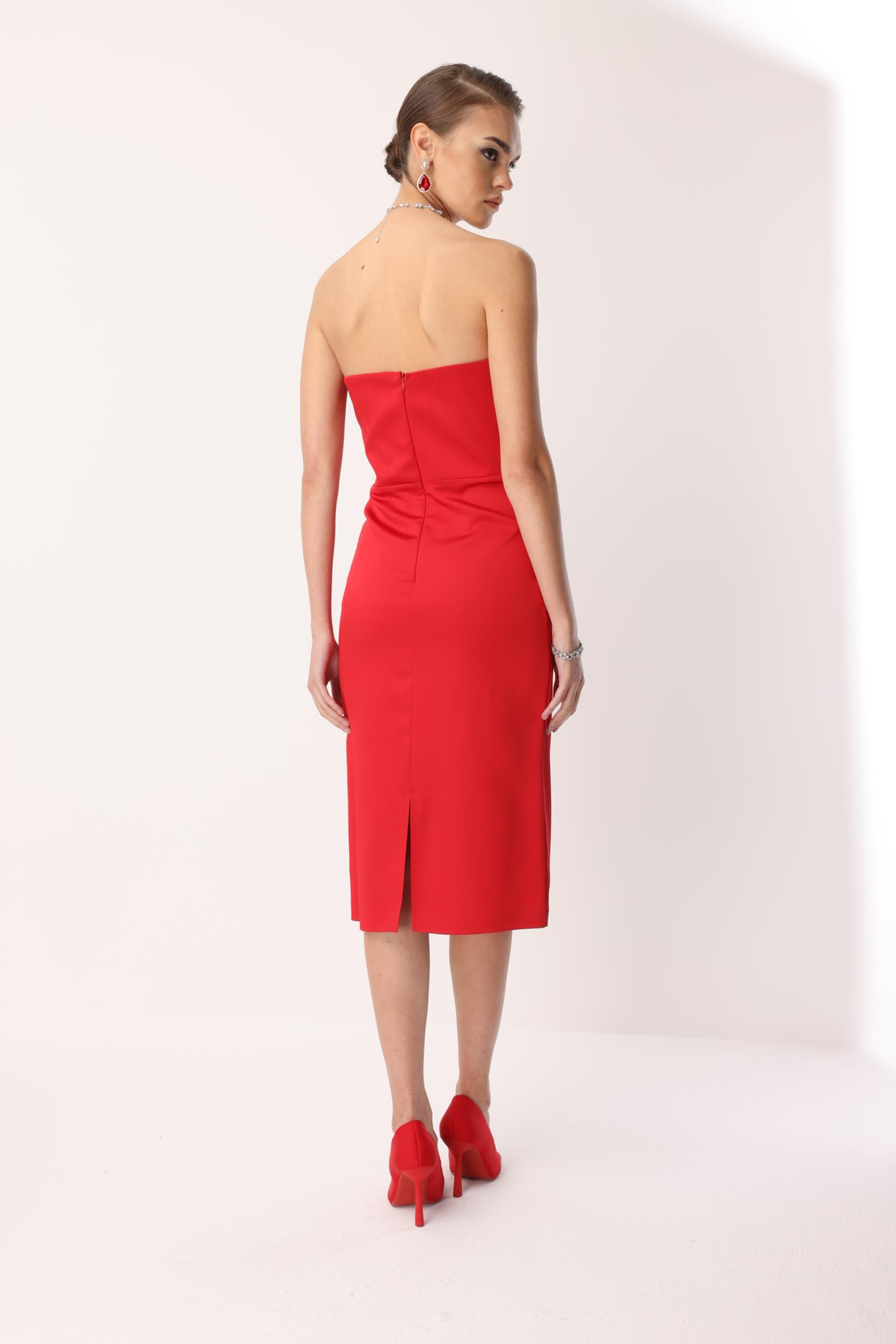 Balenli Midi Boy Straplez Elbise KIRMIZI