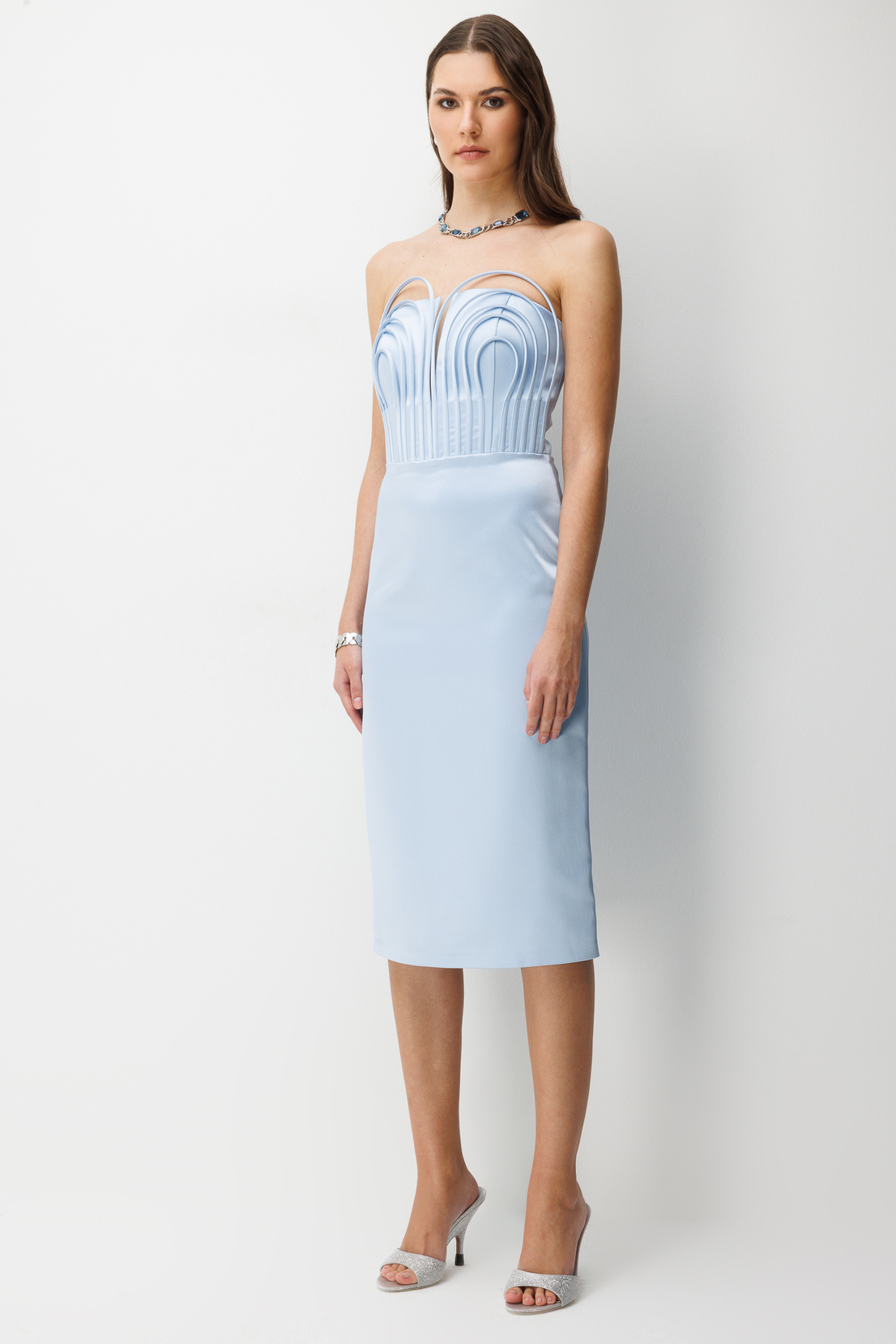 Balenli Midi Boy Straplez Elbise MAVİ