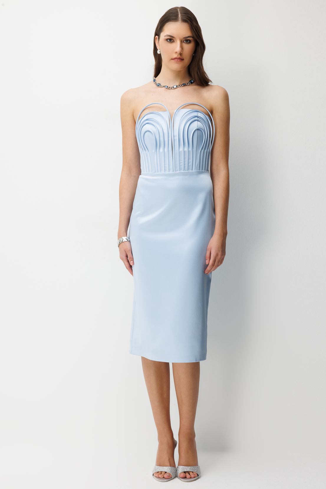 Balenli Midi Boy Straplez Elbise MAVİ