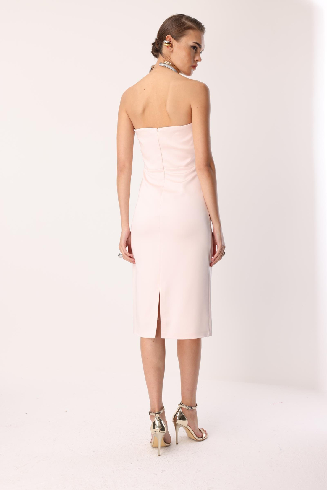 Balenli Midi Boy Straplez Elbise PUDRA