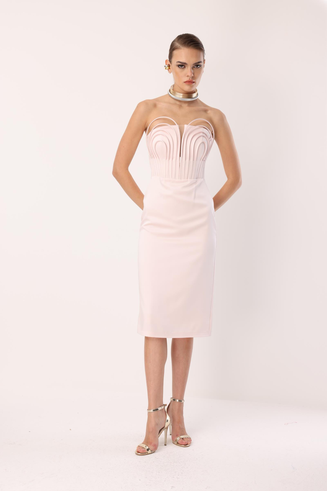Balenli Midi Boy Straplez Elbise PUDRA