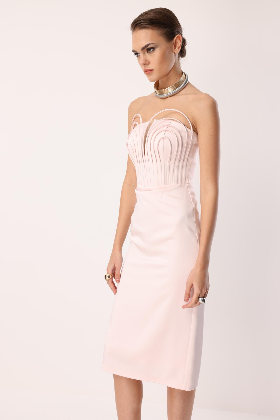 Balenli Midi Boy Straplez Elbise PUDRA