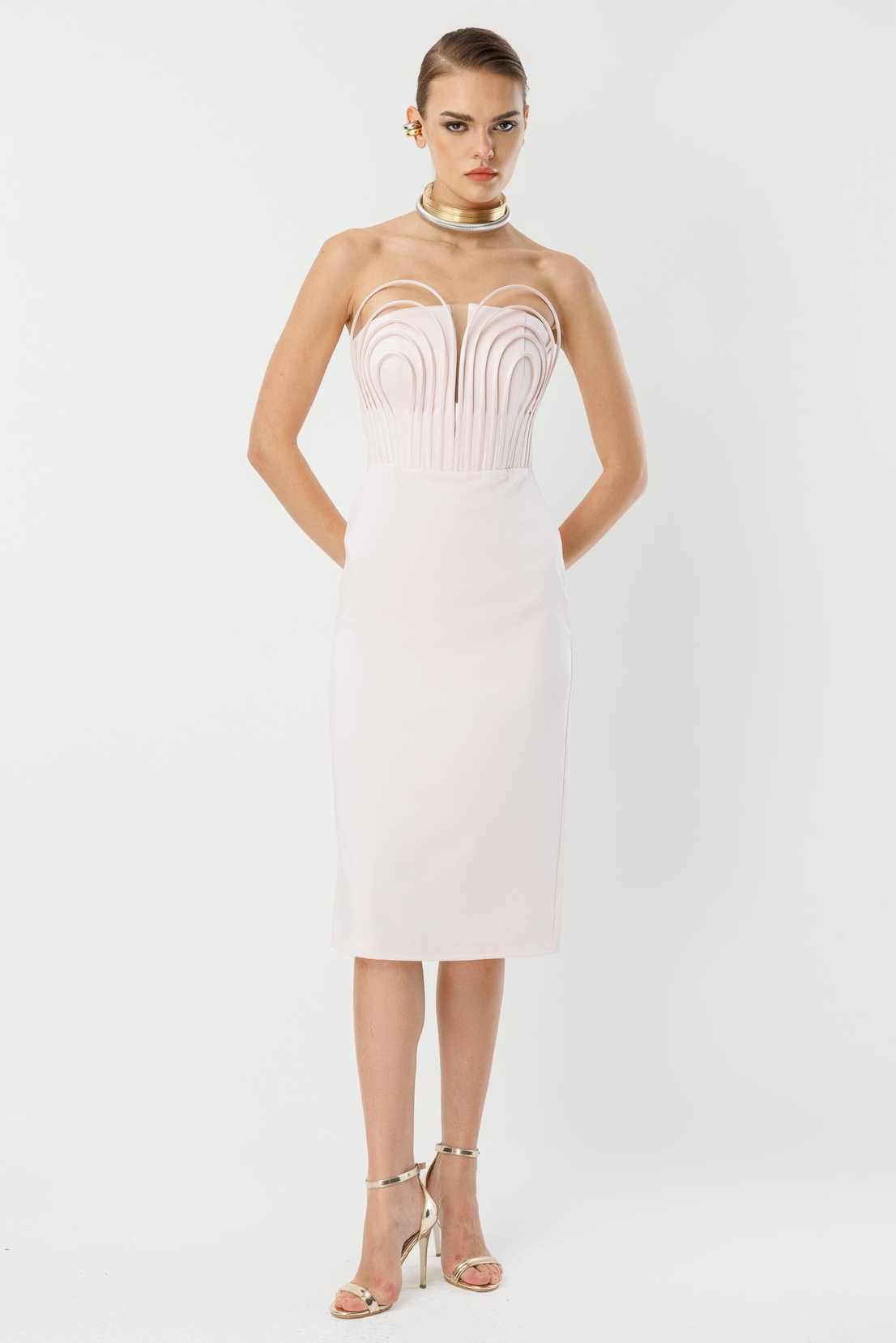 Balenli Midi Boy Straplez Elbise PUDRA